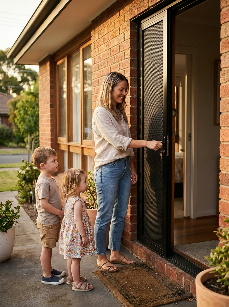 Mum and two young kids unlocking their black mesh security screen door at home