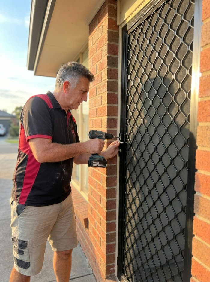 Taner installing a diamond grille security door
